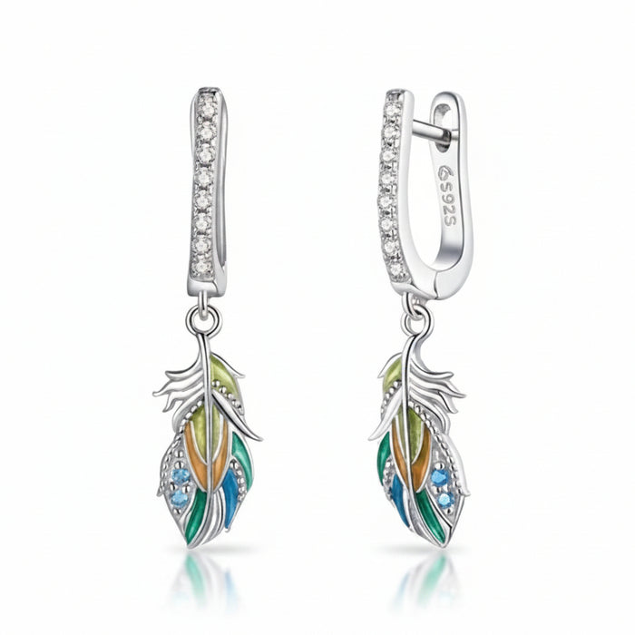 Coloured feather drop earrings in 925 sterling silver