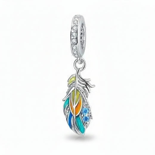 925 Sterling Silver Colorful Feather Charm with vivid enamel, fits Pandora bracelet