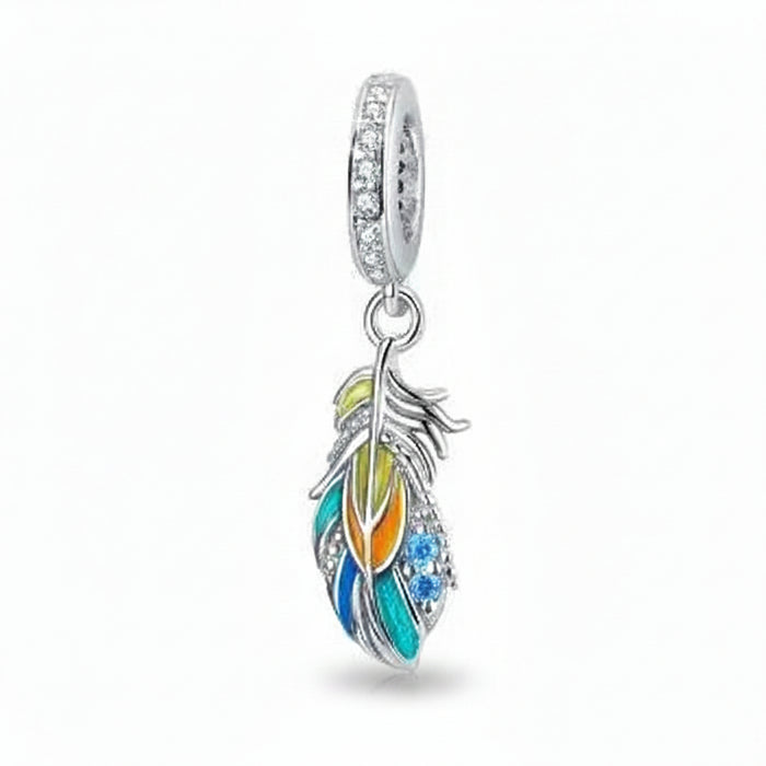 925 Sterling Silver Colorful Feather Charm with vivid enamel, fits Pandora bracelet