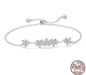 925 Sterling Silver Daisy Flower Bracelet – Elegant Floral CZ Jewelry for Women 