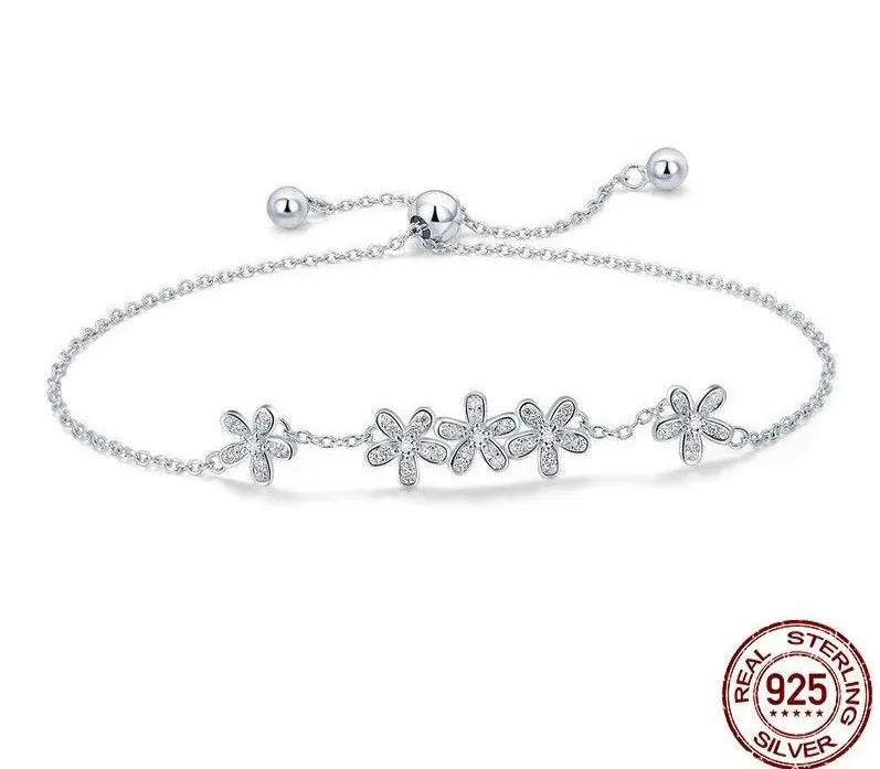 925 Sterling Silver Daisy Flower Bracelet – Elegant Floral CZ Jewelry for Women 