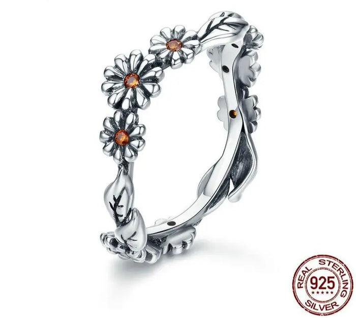 925 Sterling Silver Enchanted Daisy Flower ring with orange-amber center – Jewelry Towns