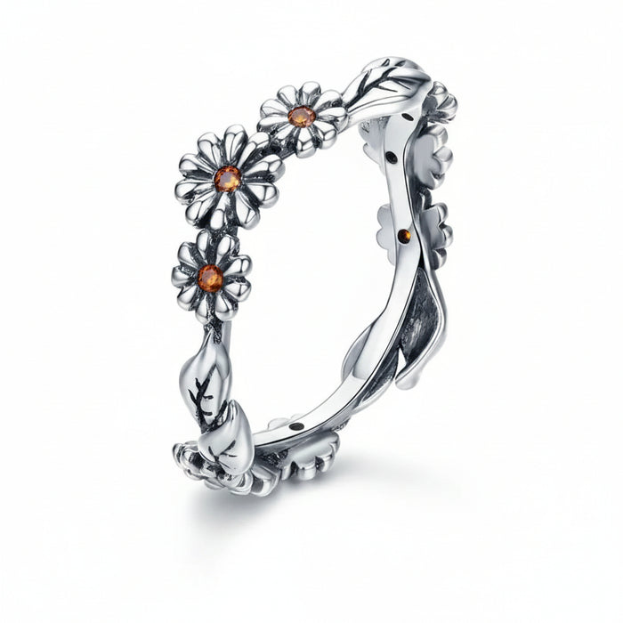 925 Sterling Silver Enchanted Daisy Flower ring with orange-amber center – Jewelry Towns