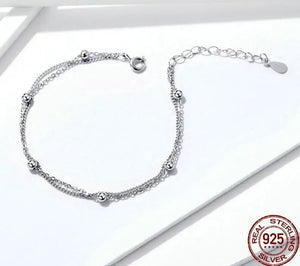 14K Gold Plated Double Layer Beaded Chain Bracelet – 925 Sterling Silver Adjustable Link Bracelet for Women 