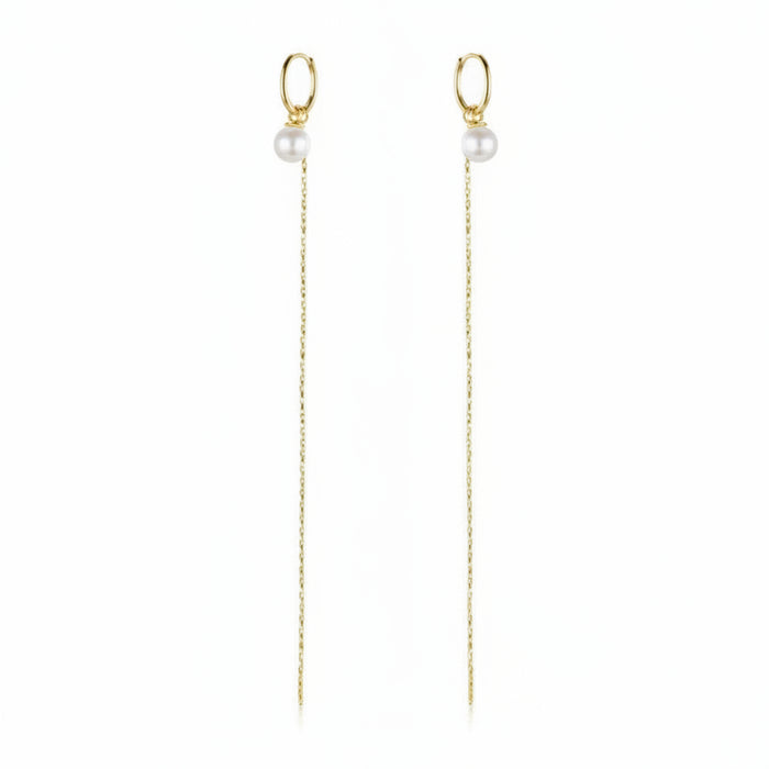 Gold-tone long pearl hoop earrings on a 925 sterling silver base