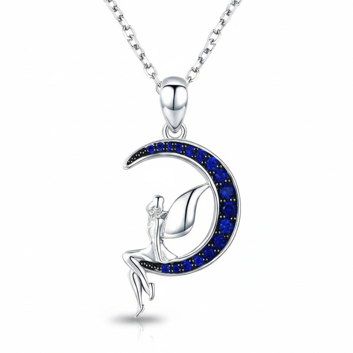 Fairy on blue moon necklace in 925 sterling silver