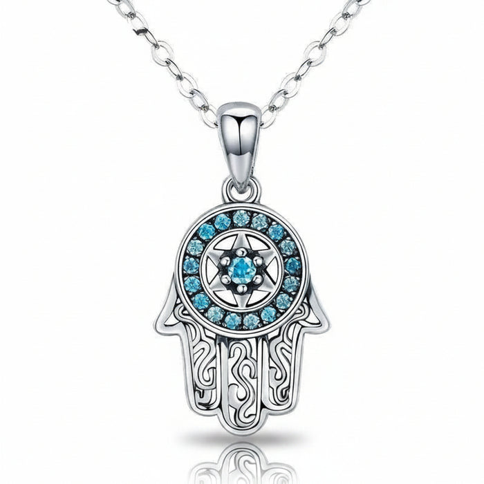 Hamsa hand blue CZ necklace in 925 sterling silver