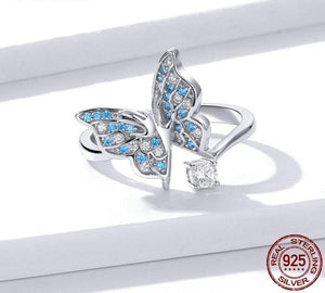 925 Sterling Silver Blue Enamel Butterfly Ring – Adjustable & Dainty Wrap Design 