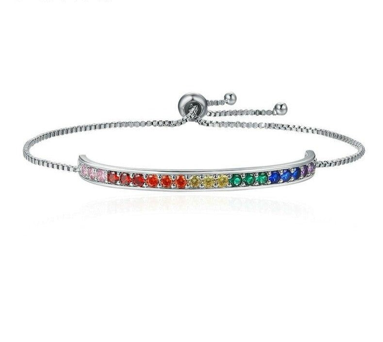 925 Sterling Silver Rainbow CZ Tennis Bracelet – Dainty Colorful Crystal Chain for Women