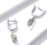 Silver Colored Feather Earring 925 Sterling Silver Colorful