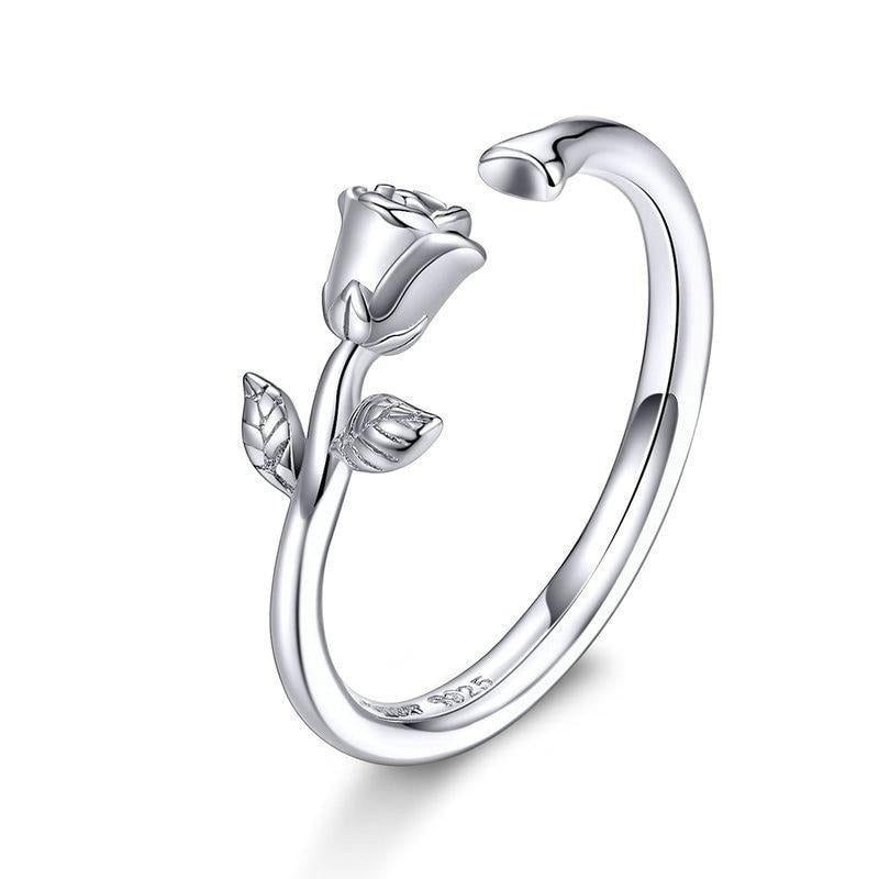 Enchanted 3D Rose & Thorns Sterling Silver Ring | Adjustable Romantic Jewelry