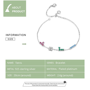Tetris Game Bracelet – 925 Sterling Silver Platinum-Plated Geometric Charm Bracelet for Women 