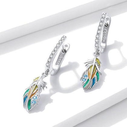Silver Colored Feather Earring 925 Sterling Silver Colorful 