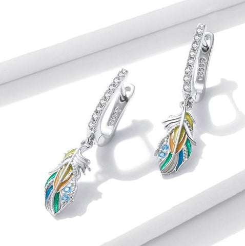 Silver Colored Feather Earring 925 Sterling Silver Colorful