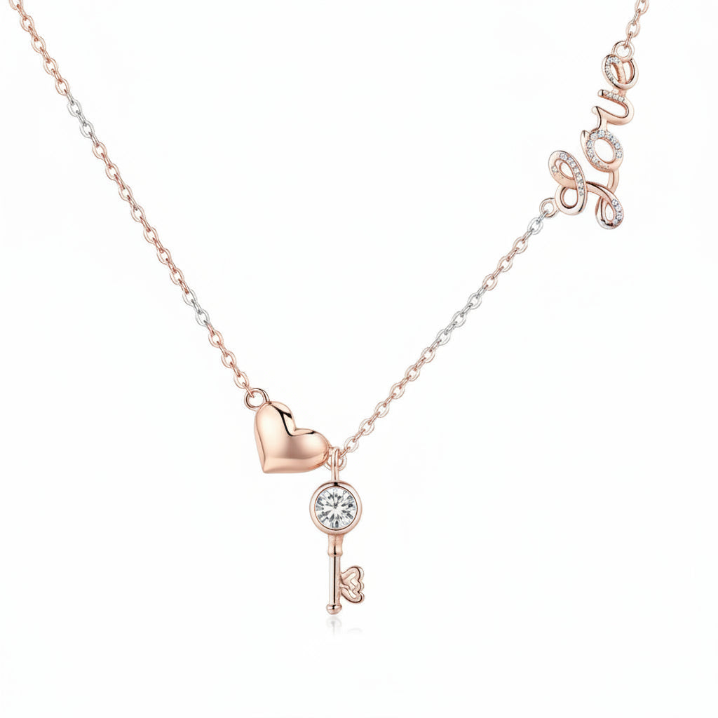 Key and heart zircon necklace in 925 sterling silver