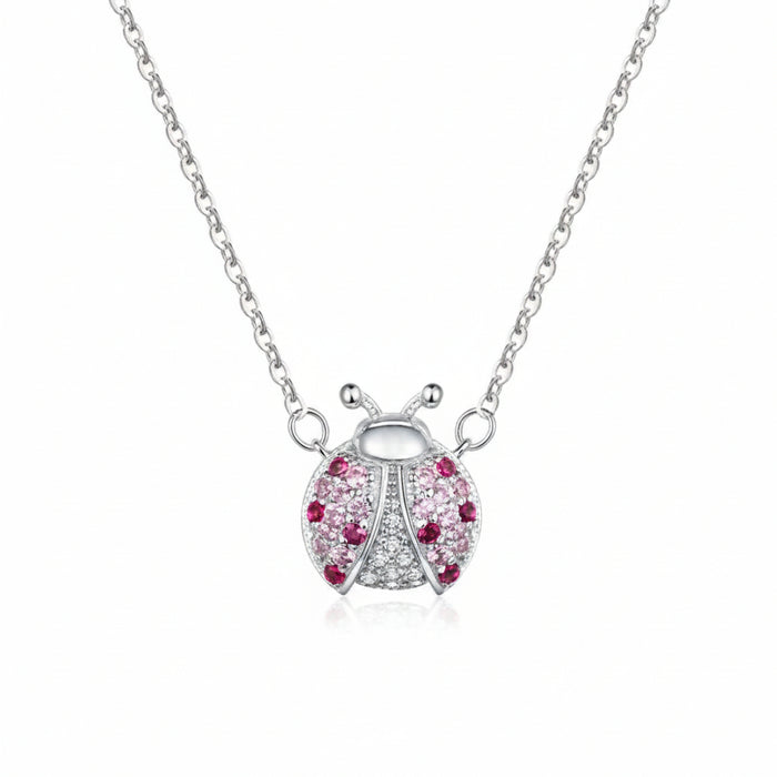 Ladybug necklace in 925 sterling silver with pink and black cubic zirconia