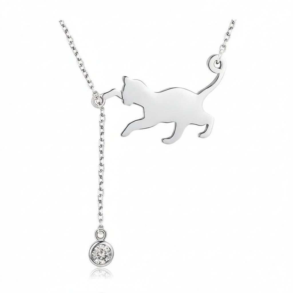 Playful cat pendant necklace in 925 sterling silver