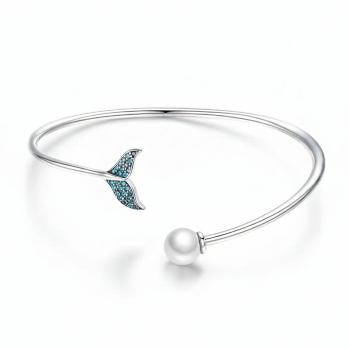 Mermaid tail open cuff bracelet in 925 sterling silver with shell pearl and cubic zirconia