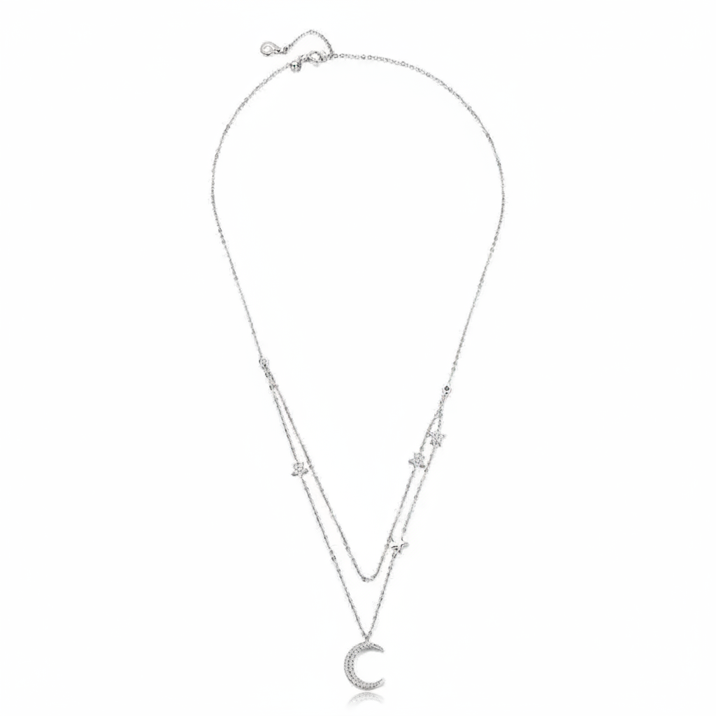 Moon and star double-layer necklace in 925 sterling silver