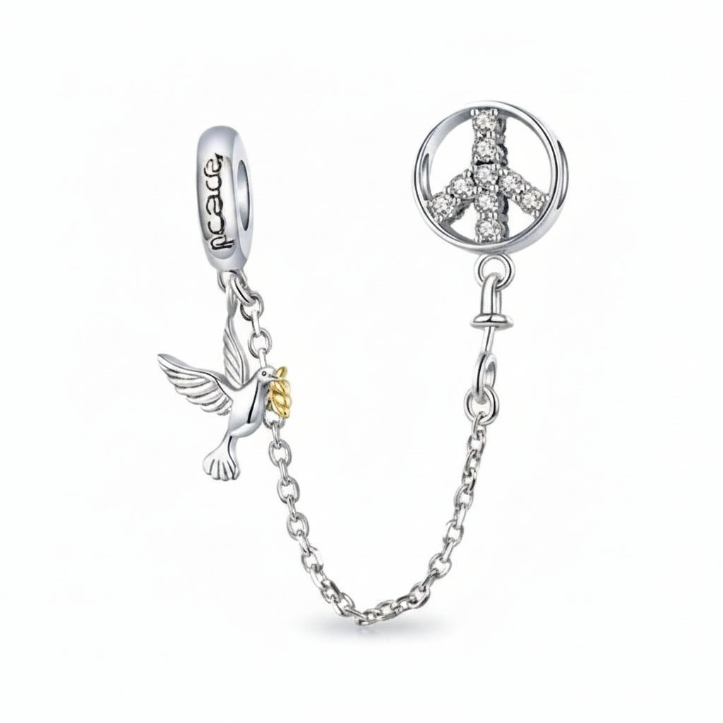925 Sterling Silver Peace Safety Chain Charm with dove motif, secures Pandora bracelet