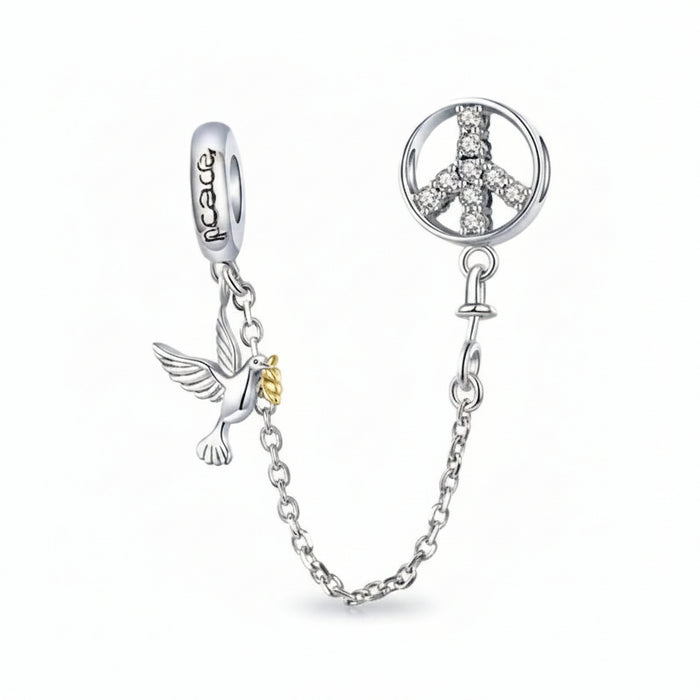925 Sterling Silver Peace Safety Chain Charm with dove motif, secures Pandora bracelet