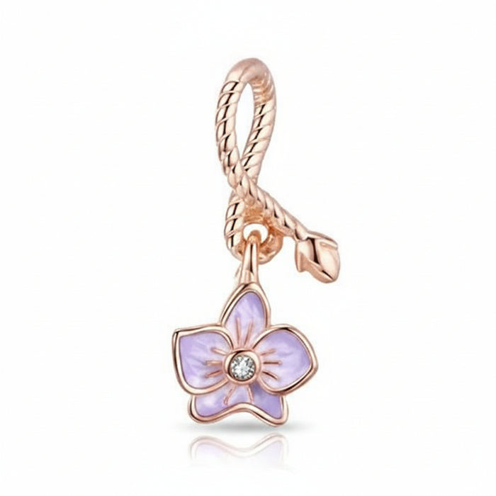 925 Sterling Silver Phalaenopsis Orchid Charm with enamel, fits Pandora bracelet