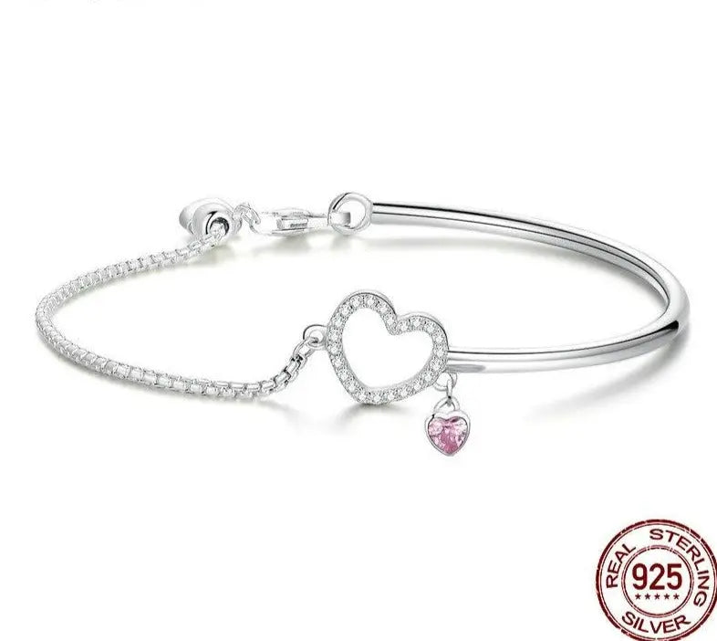 925 Sterling Silver Pink Heart CZ Bracelet – Romantic Chain Link Bangle for Women 