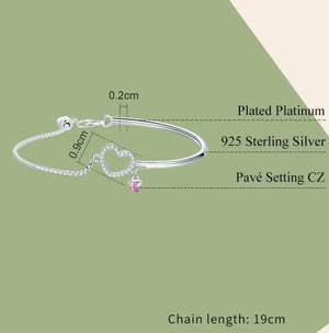 925 Sterling Silver Pink Heart CZ Bracelet – Romantic Chain Link Bangle for Women 