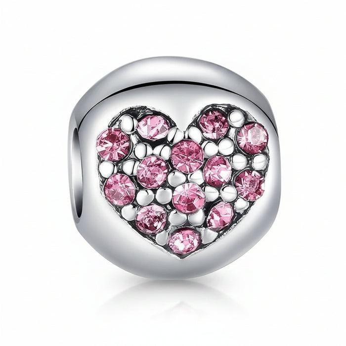 925 Sterling Silver Pink Heart Charm with enamel and cubic zirconia, fits Pandora bracelet