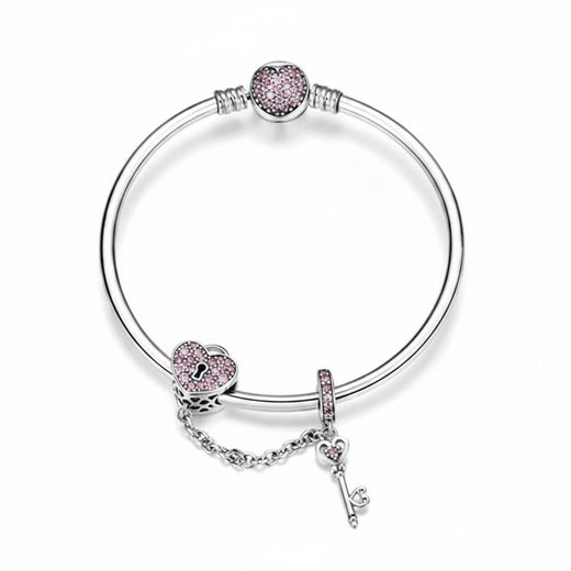 Pink heart lock and key bracelet in 925 sterling silver