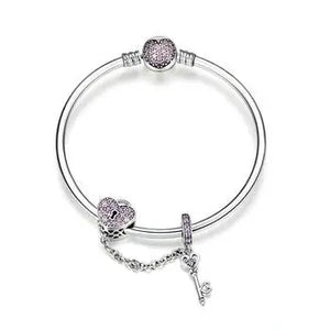 💖 925 Sterling Silver Pink Heart Lock & Key Bracelet – Romantic Charm, Elegant Sparkle 