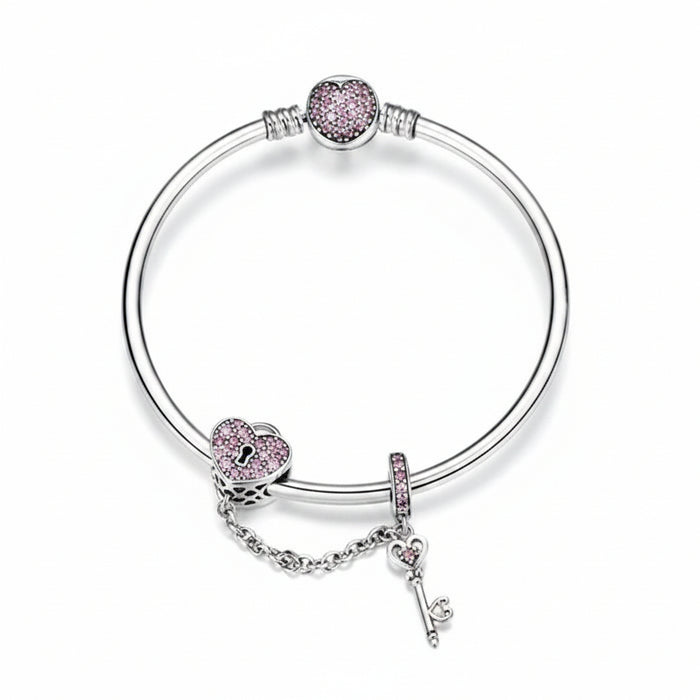 Pink heart lock and key bracelet in 925 sterling silver