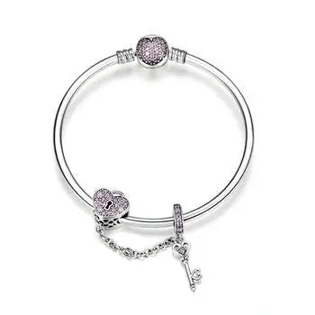 💖 925 Sterling Silver Pink Heart Lock & Key Bracelet – Romantic Charm, Elegant Sparkle 