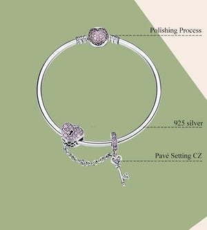 💖 925 Sterling Silver Pink Heart Lock & Key Bracelet – Romantic Charm, Elegant Sparkle 