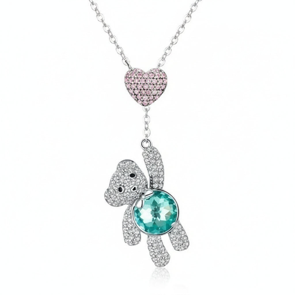 Pink heart and bear necklace in 925 sterling silver