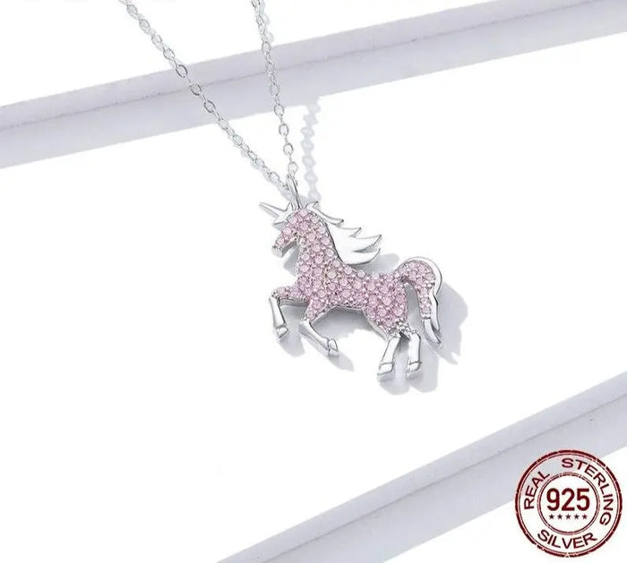 925 sterling silver unicorn necklace with pink and multicolour details