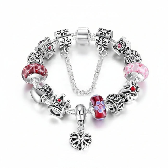 Queen Crown silver-plated charm bracelet with glass beads