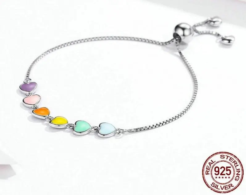 925 Sterling Silver Rainbow Heart Bracelet – Enamel Chain Bracelet for Women 