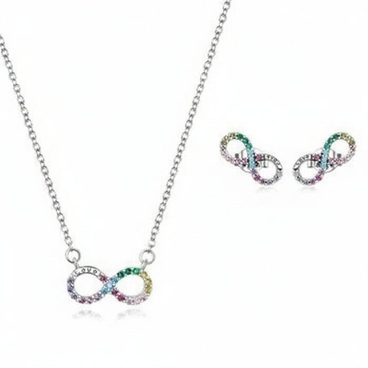 Rainbow infinity necklace and earrings set in 925 sterling silver