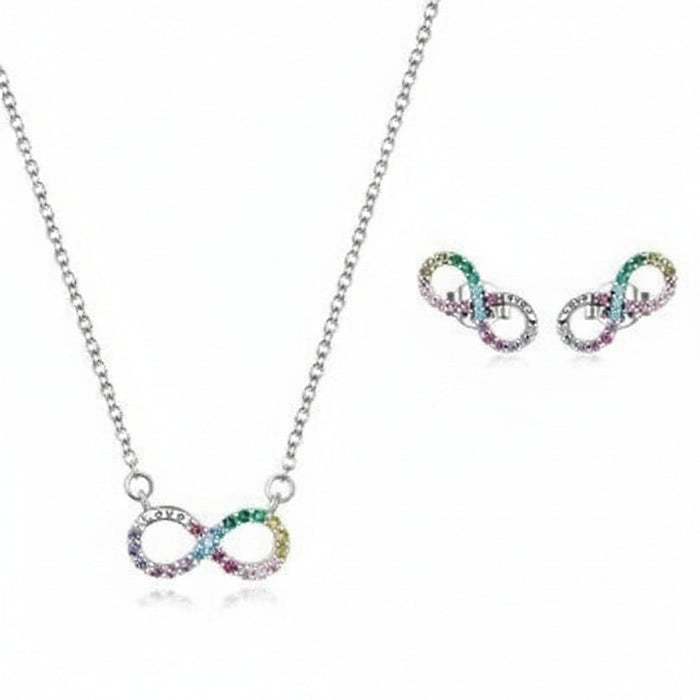 Rainbow infinity necklace and earrings set in 925 sterling silver