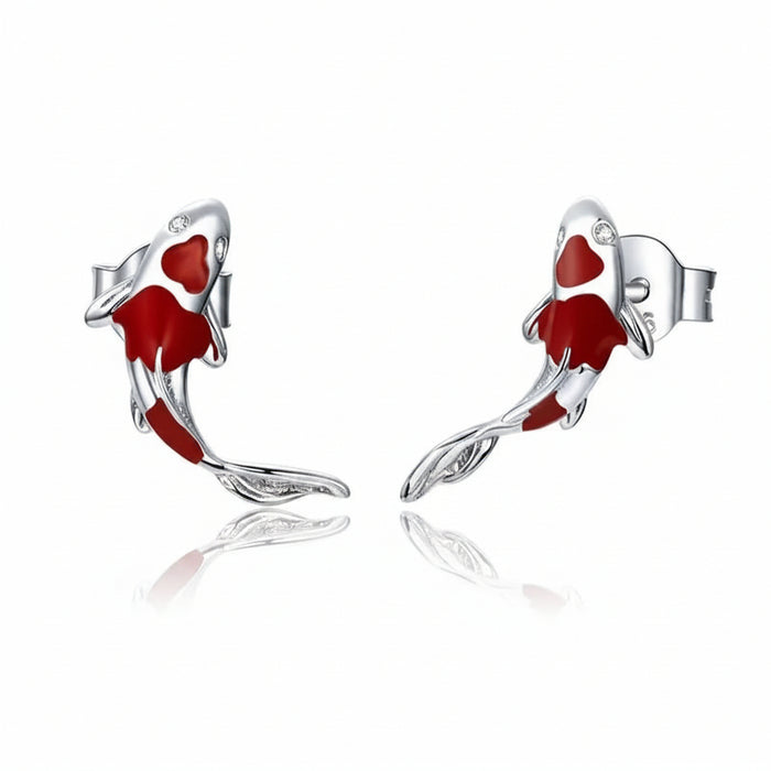Red enamel fish stud earrings in 925 sterling silver