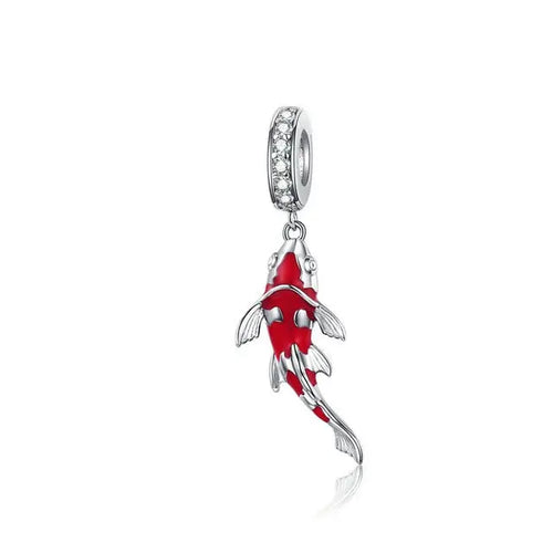 925 Sterling Silver Koi Fish Dangle Charm with red enamel, fits Pandora bracelet