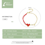 Red Heart Mouse Bracelet – 925 Sterling Silver Gold-Plated Charm Jewelry for Women 
