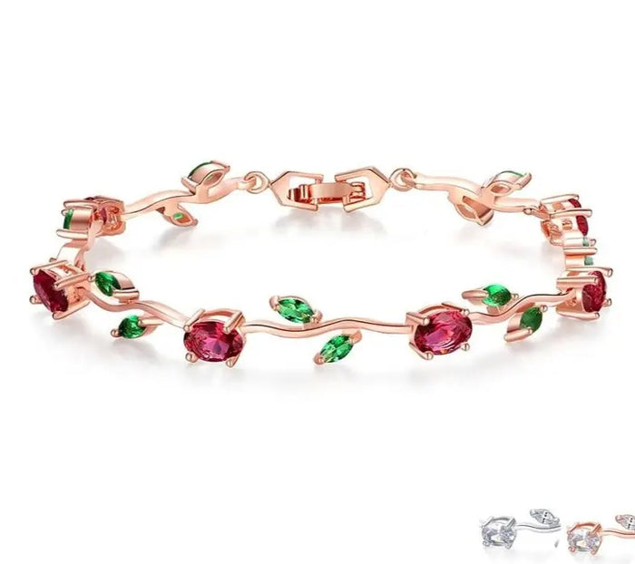 Leaf chain bracelet in 925 sterling silver with red and green zircon
