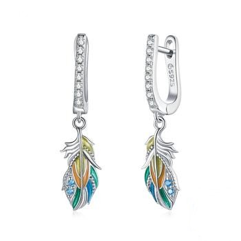 Silver Colored Feather Earring 925 Sterling Silver Colorful
