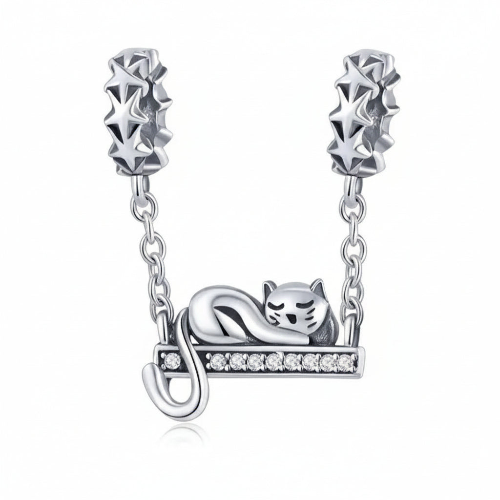 925 Sterling Silver Sleeping Cat and Star Charm, fits Pandora bracelet