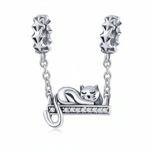 925 Sterling Silver Sleeping Cat and Star Charm, fits Pandora bracelet