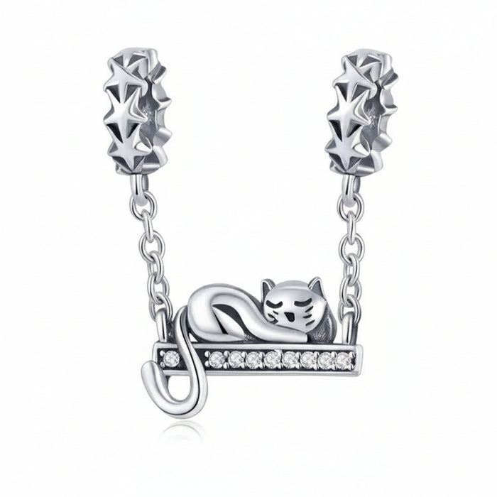 925 Sterling Silver Sleeping Cat and Star Charm, fits Pandora bracelet