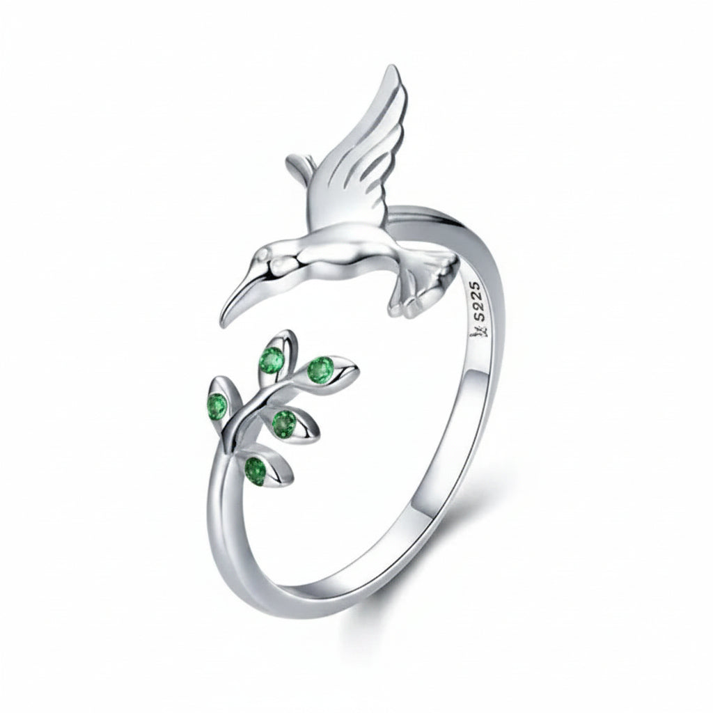 925 Sterling Silver Spring Tree and Bird ring with green zircon – Jewelry Towns