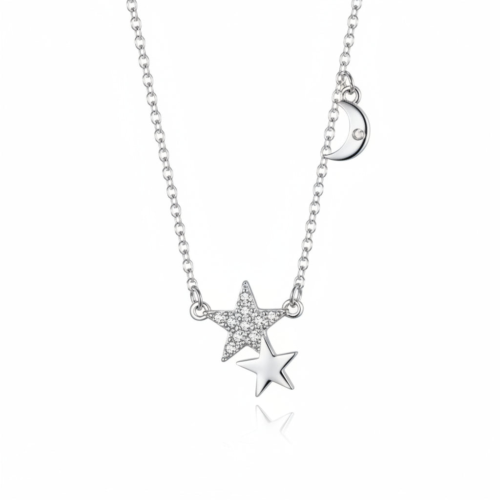 Stars and moon CZ necklace in 925 sterling silver